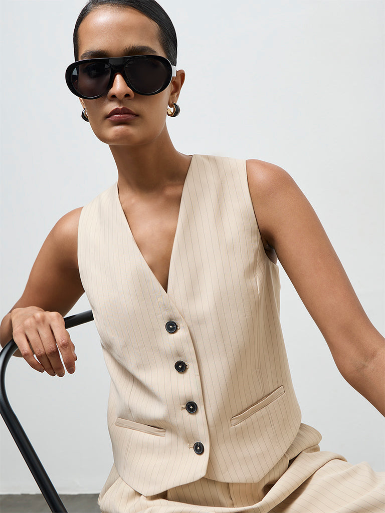 Wardrobe Light Beige Striped Waistcoat