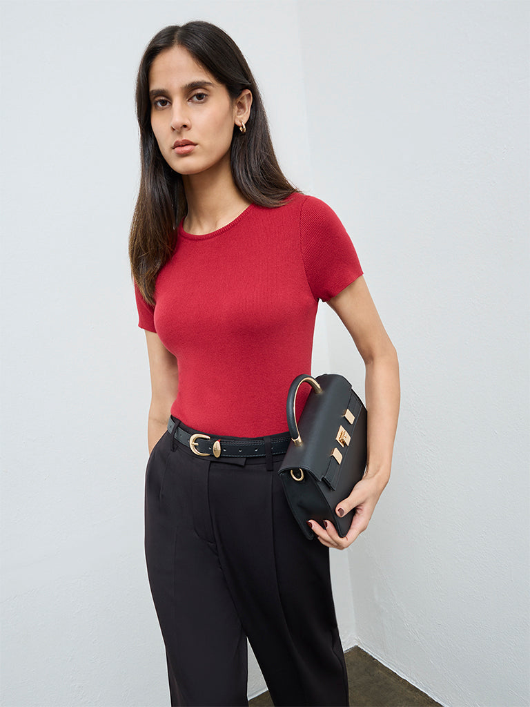 Wardrobe Red Knit-Textured Top