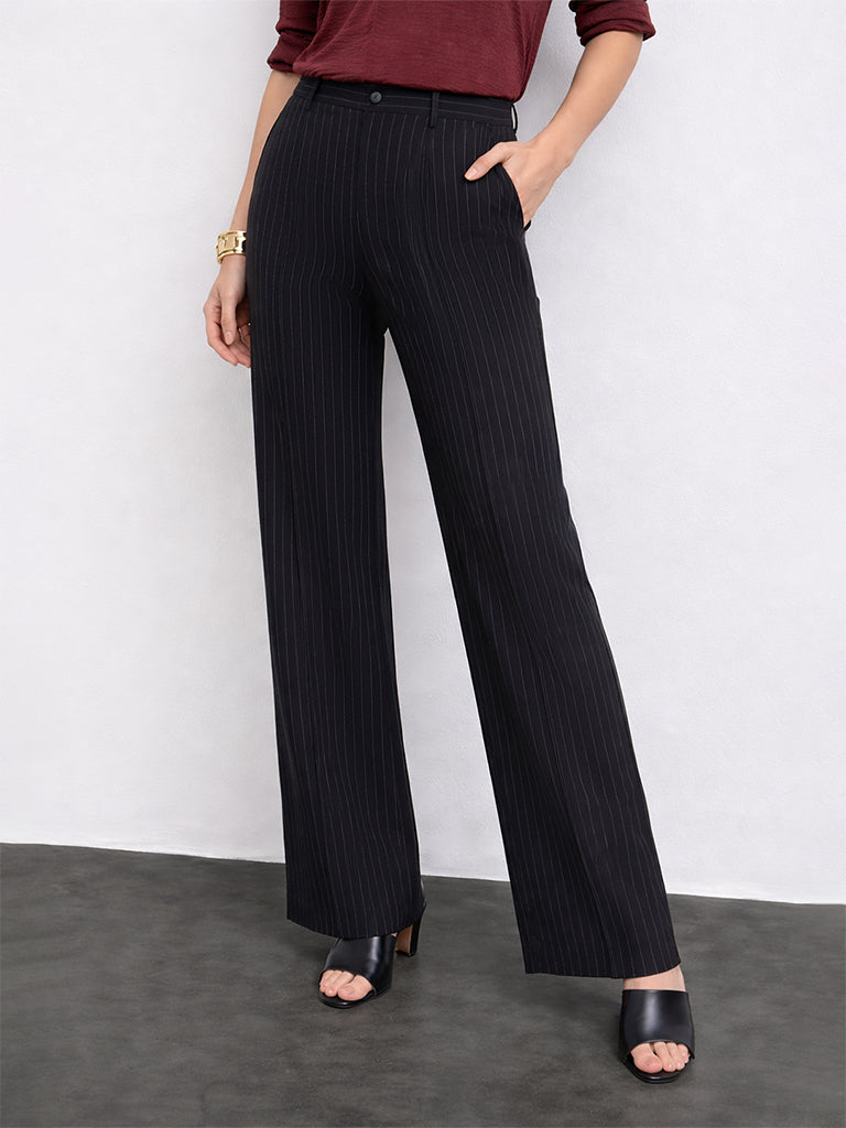 Wardrobe Black Pinstriped High-Rise Trousers