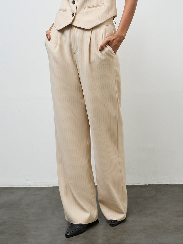 Wardrobe Light Beige Striped High-Rise Trousers