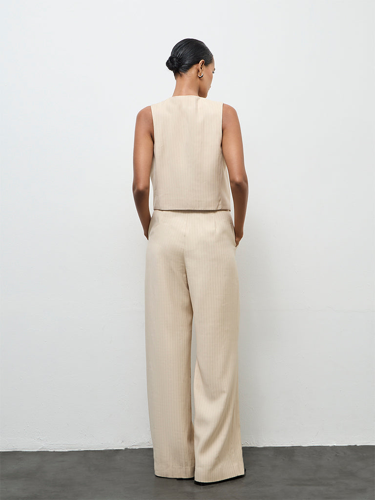 Wardrobe Light Beige Striped High-Rise Trousers
