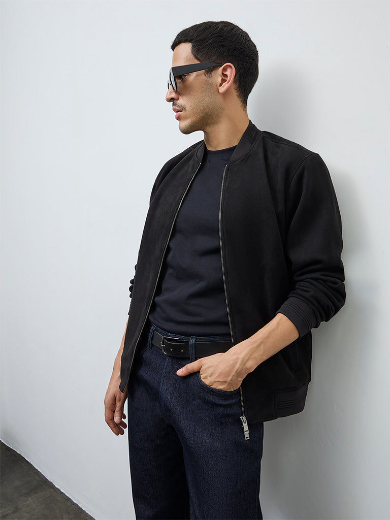 Buy Ascot Black Relaxed-Fit Suede Bomber Jacket from Westside