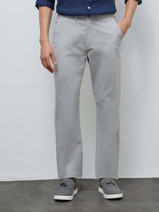 Ascot Grey Solid Relaxed-Fit Mid-Rise Cotton-Blend Trousers
