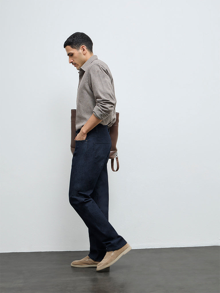 Ascot Taupe Houndstooth Relaxed-Fit Cotton Shirt