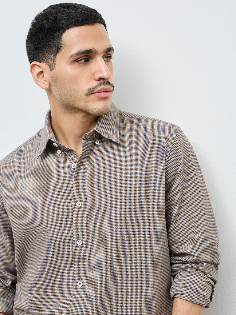 Ascot Taupe Houndstooth Relaxed-Fit Cotton Shirt