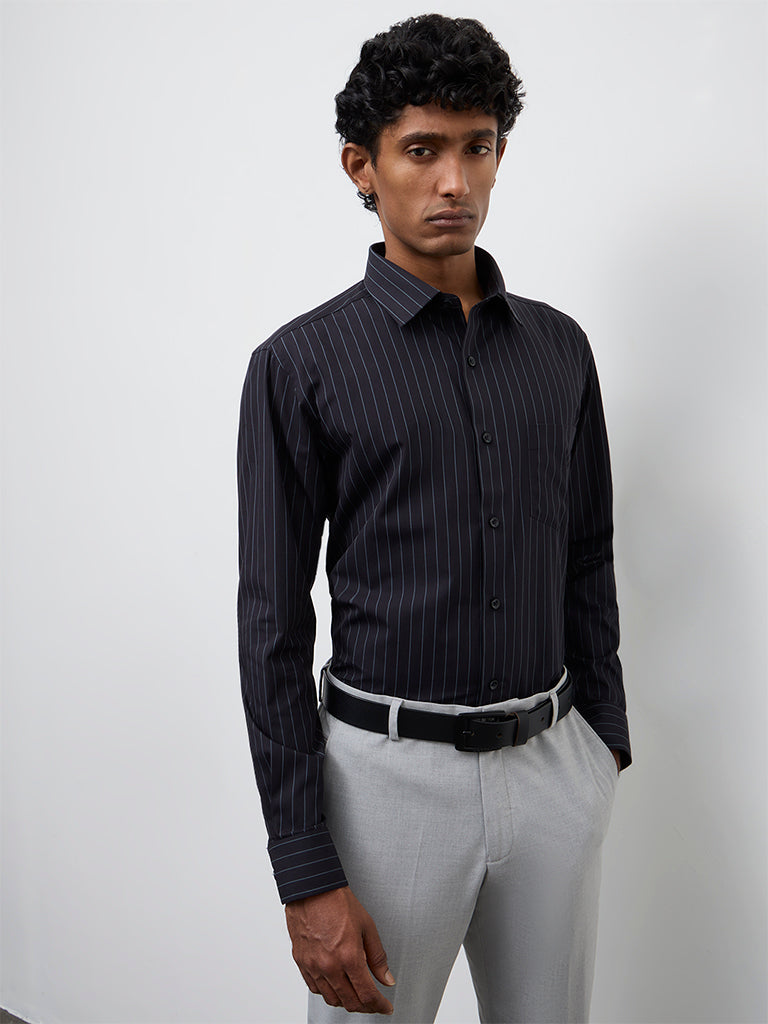 WES Formals Black Pinstripe Relaxed-Fit Cotton Shirt