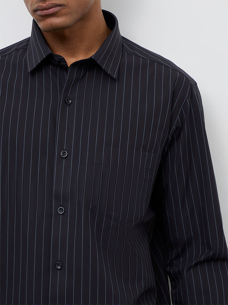 WES Formals Black Pinstripe Relaxed-Fit Cotton Shirt