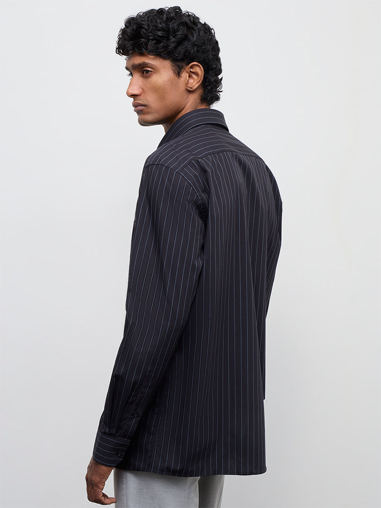 WES Formals Black Pinstripe Relaxed-Fit Cotton Shirt