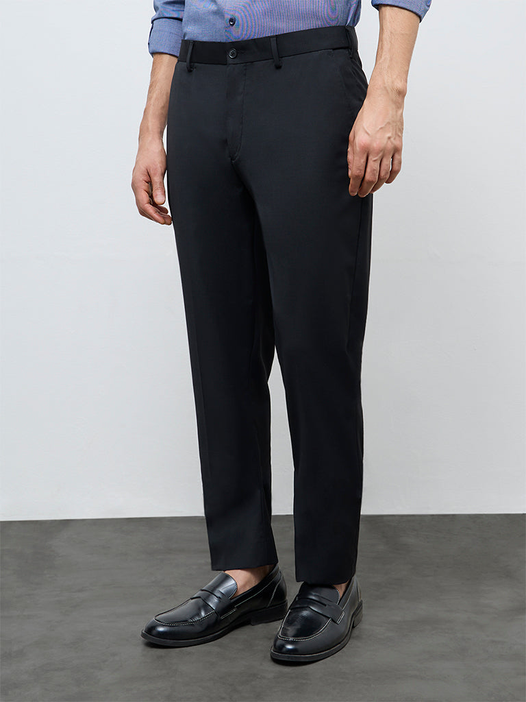 WES Formals Black Solid Mid-Rise Slim-Fit Trousers
