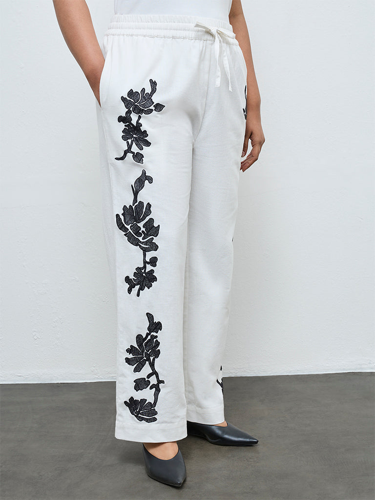 Diza Off-White Floral Embroidered Cotton-Blend Pants