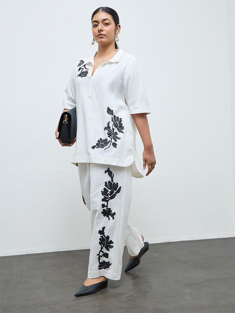 Diza Off-White Floral Embroidered Cotton-Blend Pants
