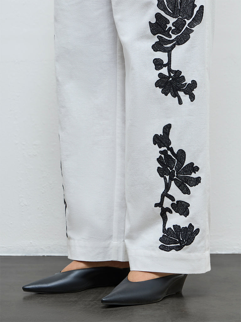Diza Off-White Floral Embroidered Cotton-Blend Pants