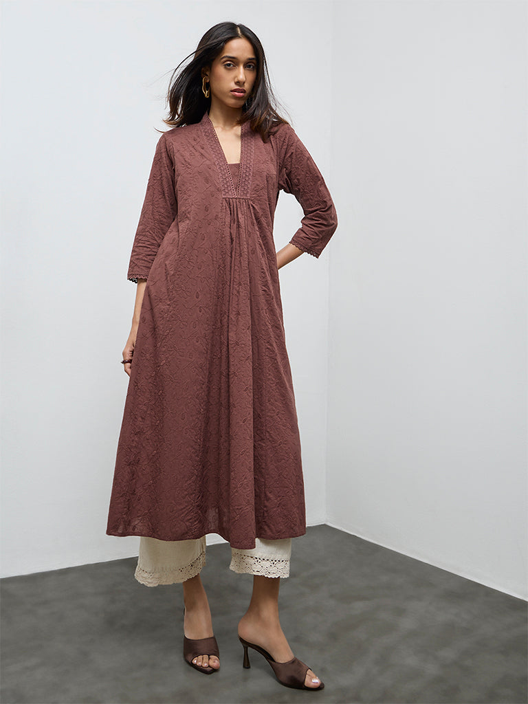 Utsa Dark Brown Floral Embroidered Cotton A-Line Kurta
