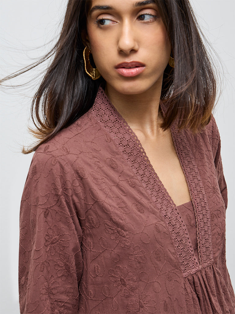 Utsa Dark Brown Floral Embroidered Cotton A-Line Kurta
