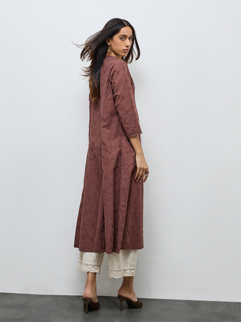 Utsa Dark Brown Floral Embroidered Cotton A-Line Kurta