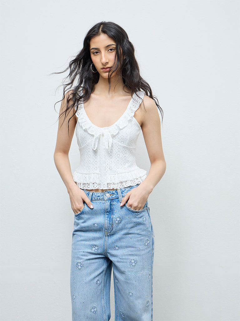 Nuon White Schiffli Embroidered Top