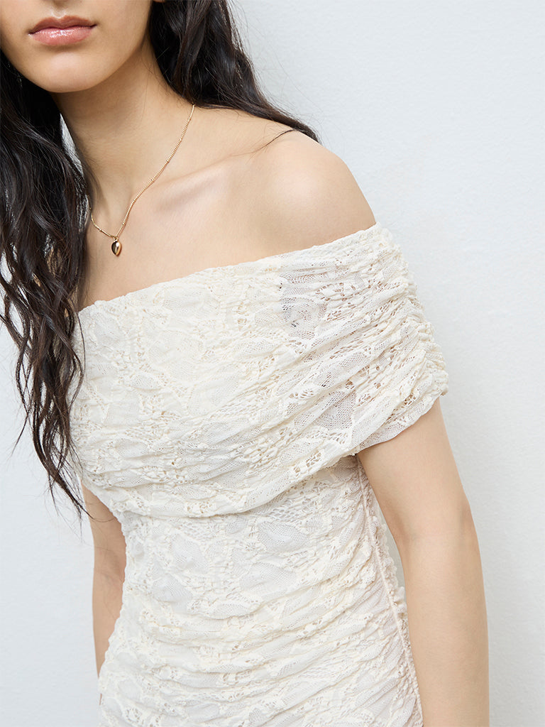 Nuon Off-White Lace-Textured Bodycon Dress