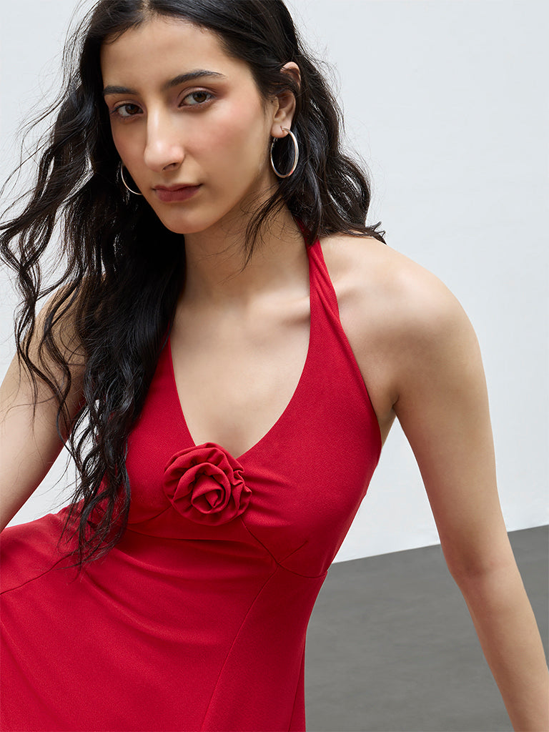 Nuon Red Floral Applique A-Line Dress