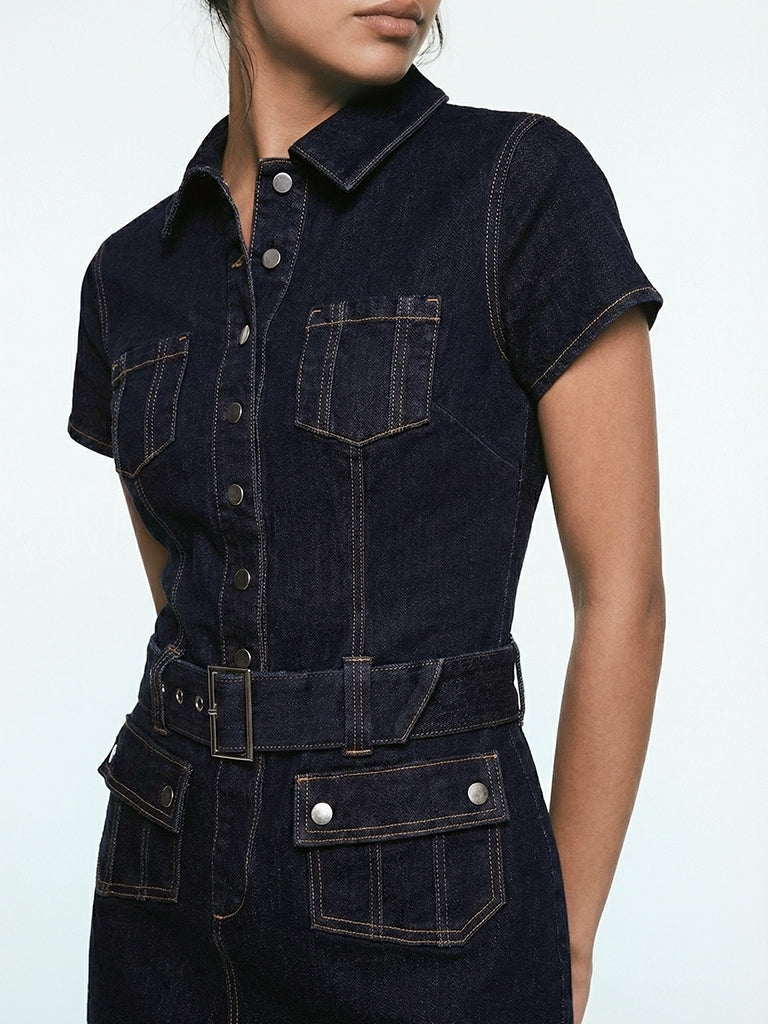 Nuon Dark Blue Structured Denim A-Line Dress with Belt