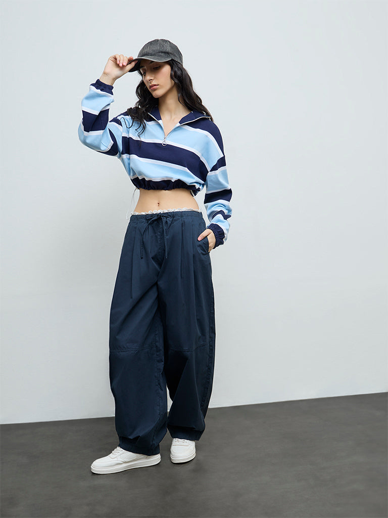 Nuon Navy Solid High-Rise Cotton Pants