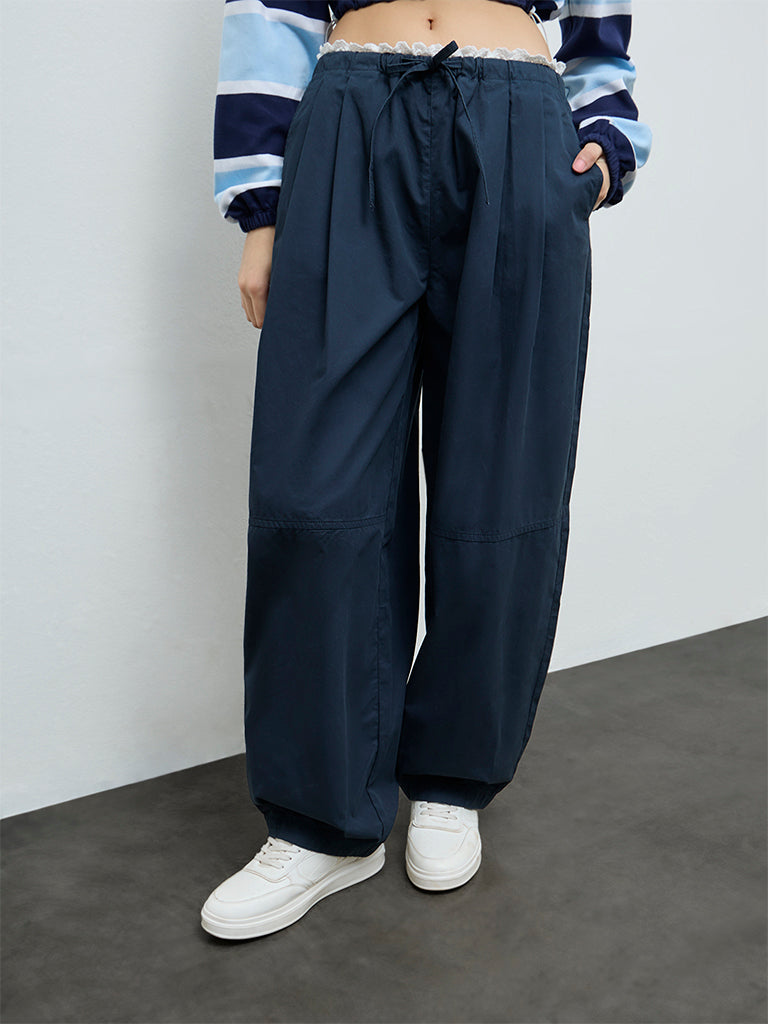 Nuon Navy Solid High-Rise Cotton Pants