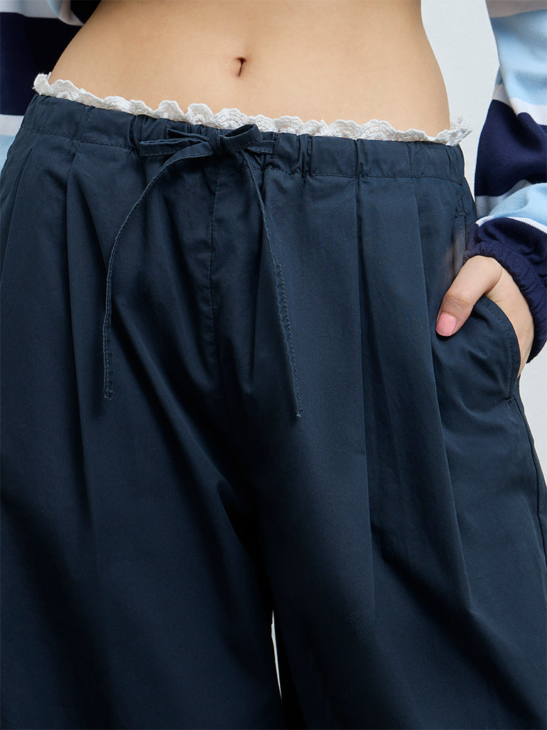 Nuon Navy Solid High-Rise Cotton Pants