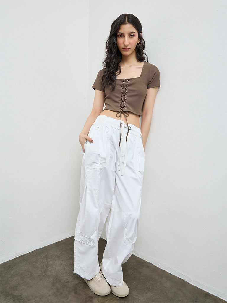 Nuon White Solid High-Rise Cotton Cargo Pants