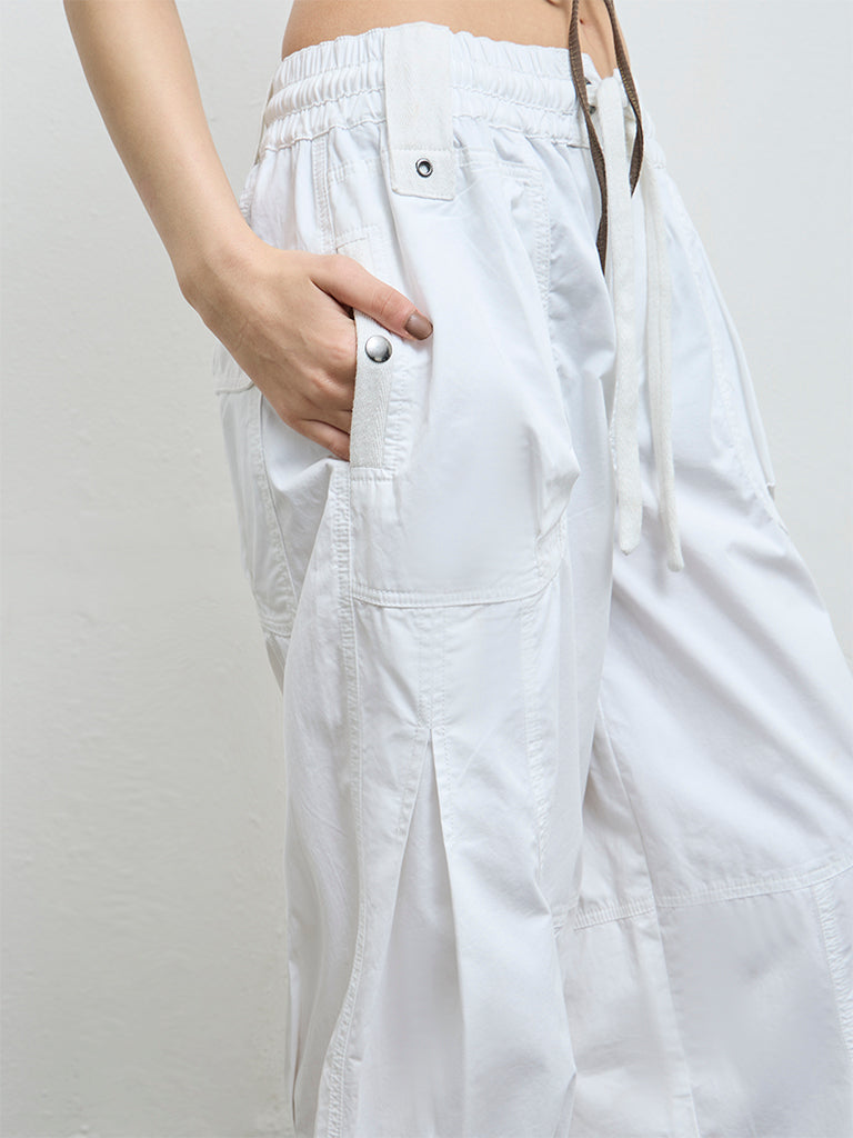 Nuon White Solid High-Rise Cotton Cargo Pants