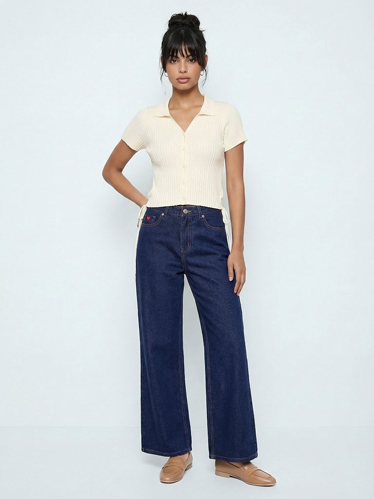 Nuon White Ribbed Side-Tie Top