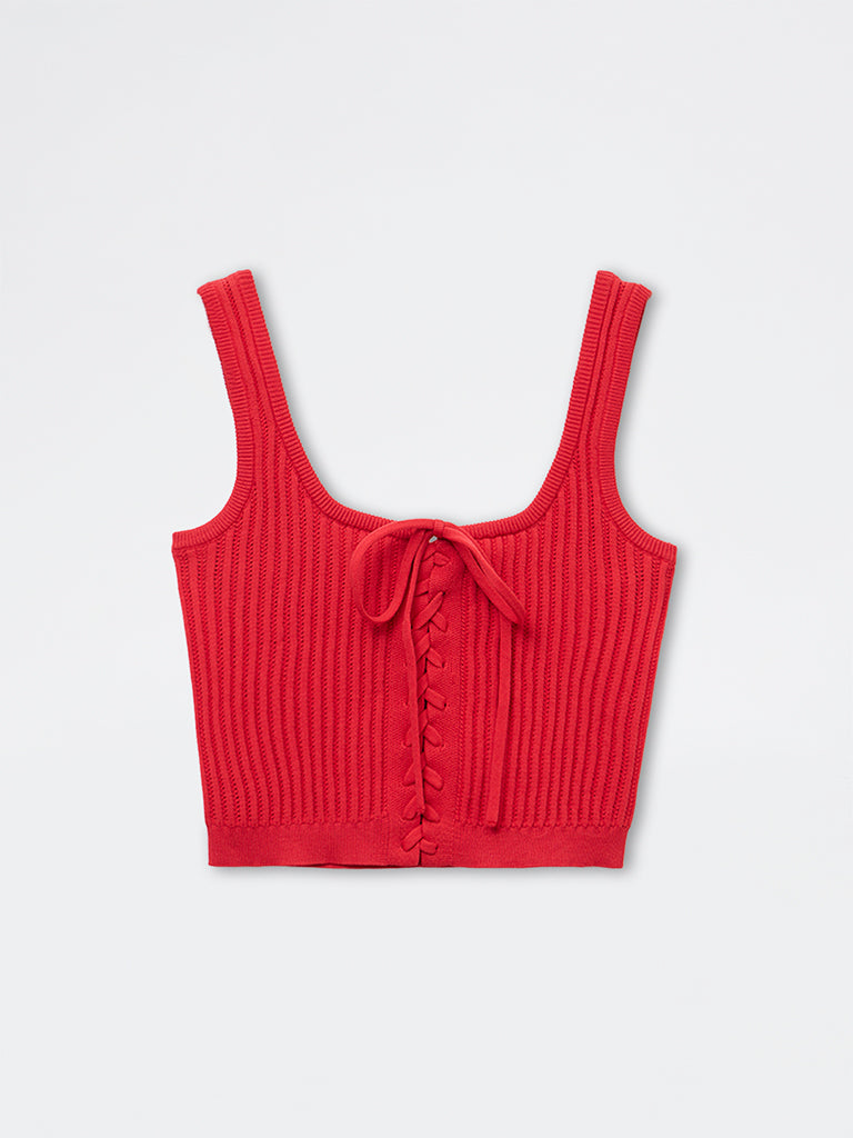 Nuon Red Ribbed Lace-Up Crop Top
