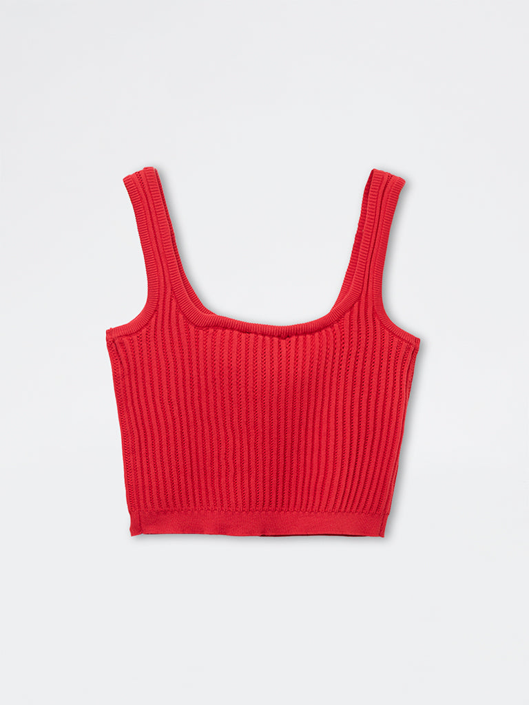 Nuon Red Ribbed Lace-Up Crop Top