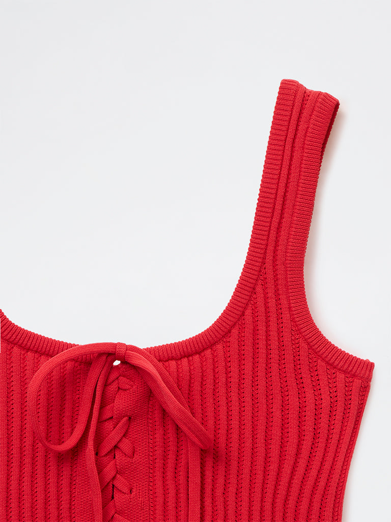 Nuon Red Ribbed Lace-Up Crop Top