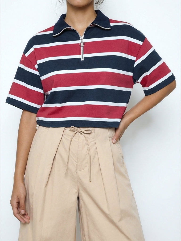 Nuon Red Striped Cotton-Blend Quarter-Zip T-Shirt