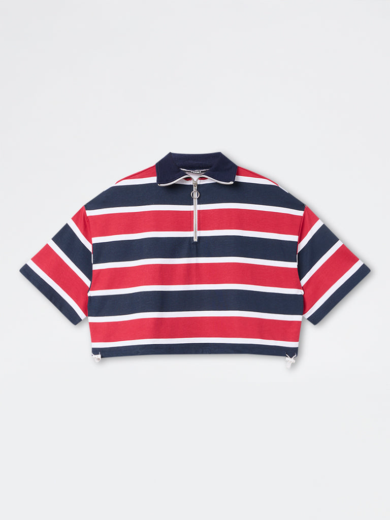 Nuon Red Striped Cotton-Blend Quarter-Zip T-Shirt