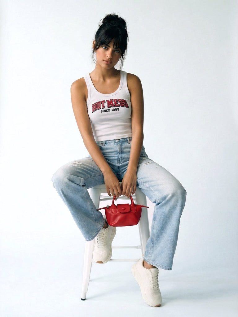 Nuon White Ribbed Graphic Cotton-Blend Tank Top