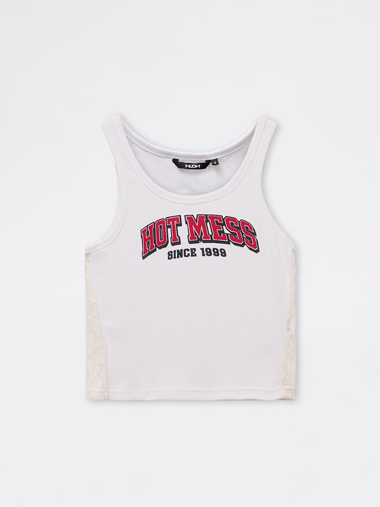 Nuon White Ribbed Graphic Cotton-Blend Tank Top