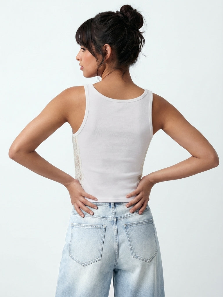 Nuon White Ribbed Graphic Cotton-Blend Tank Top