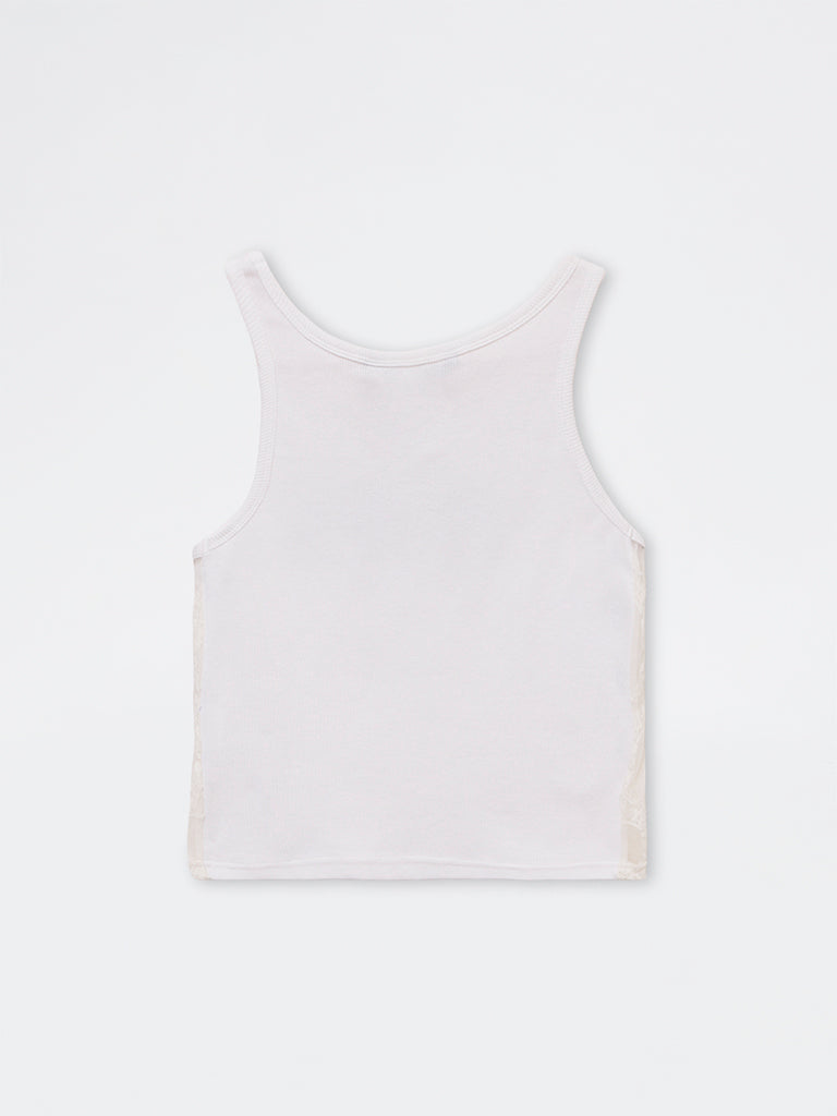 Nuon White Ribbed Graphic Cotton-Blend Tank Top