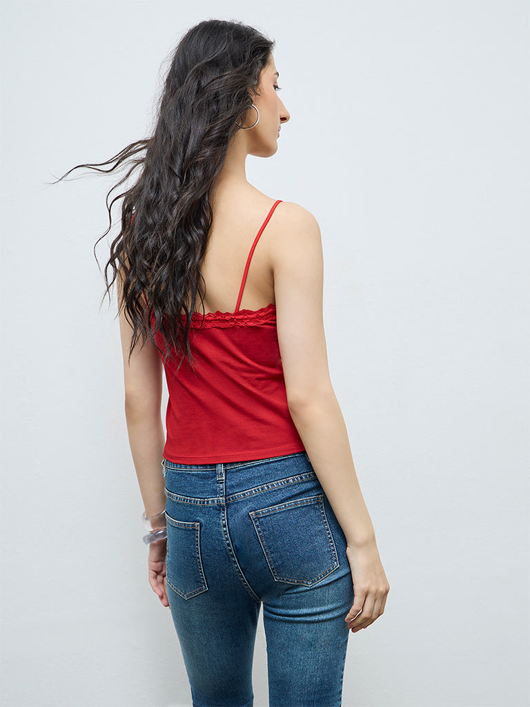 Buy Nuon Red Lace Cotton-Blend Top from Westside