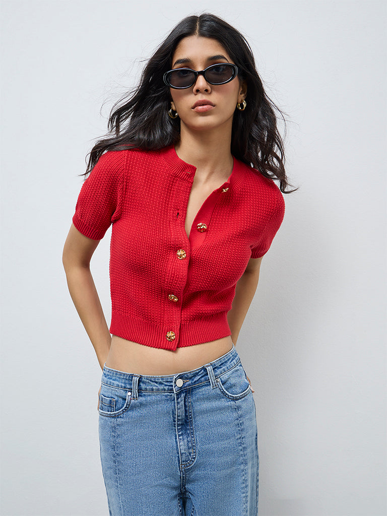 LOV Red Knit-Textured Cardigan