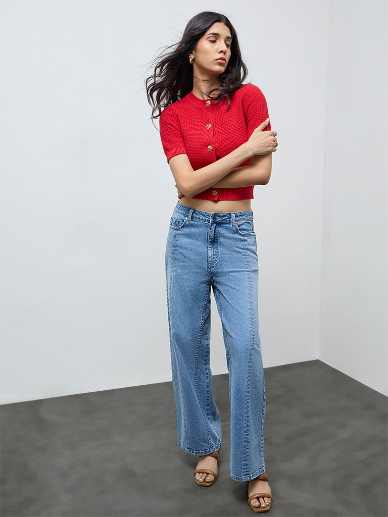 LOV Red Knit-Textured Cardigan