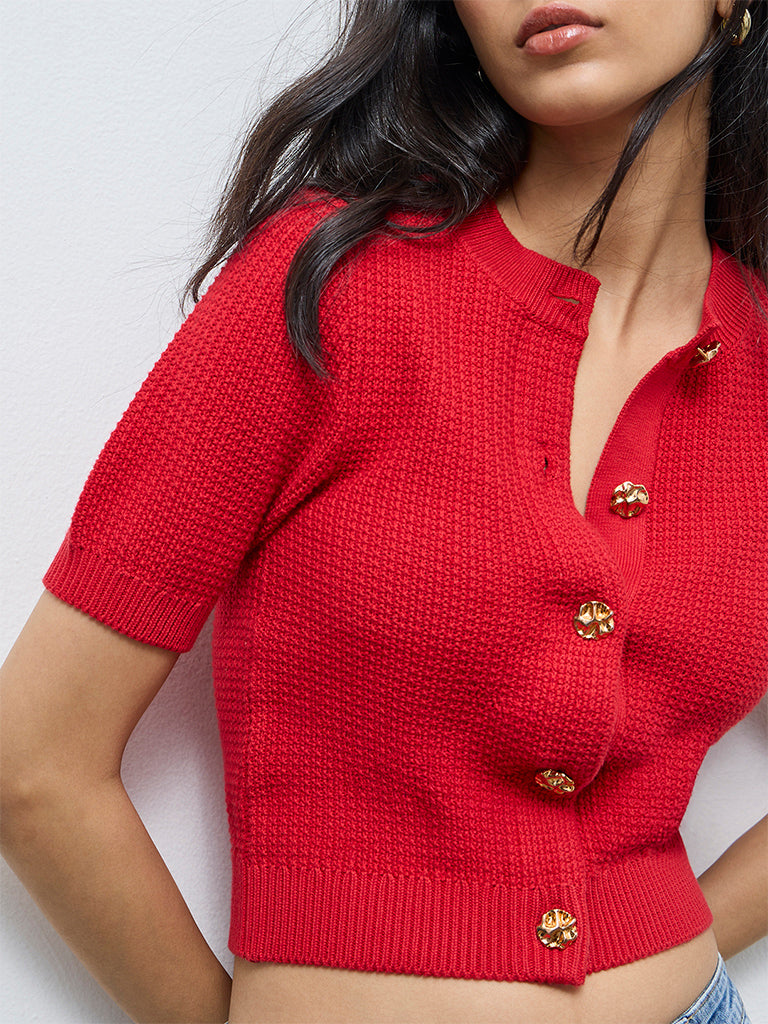 LOV Red Knit-Textured Cardigan