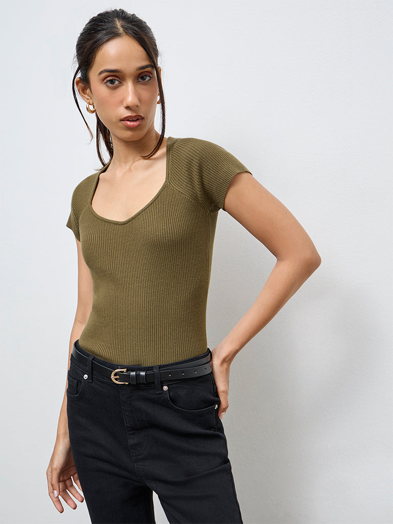 LOV Olive Ribbed-Textured Top