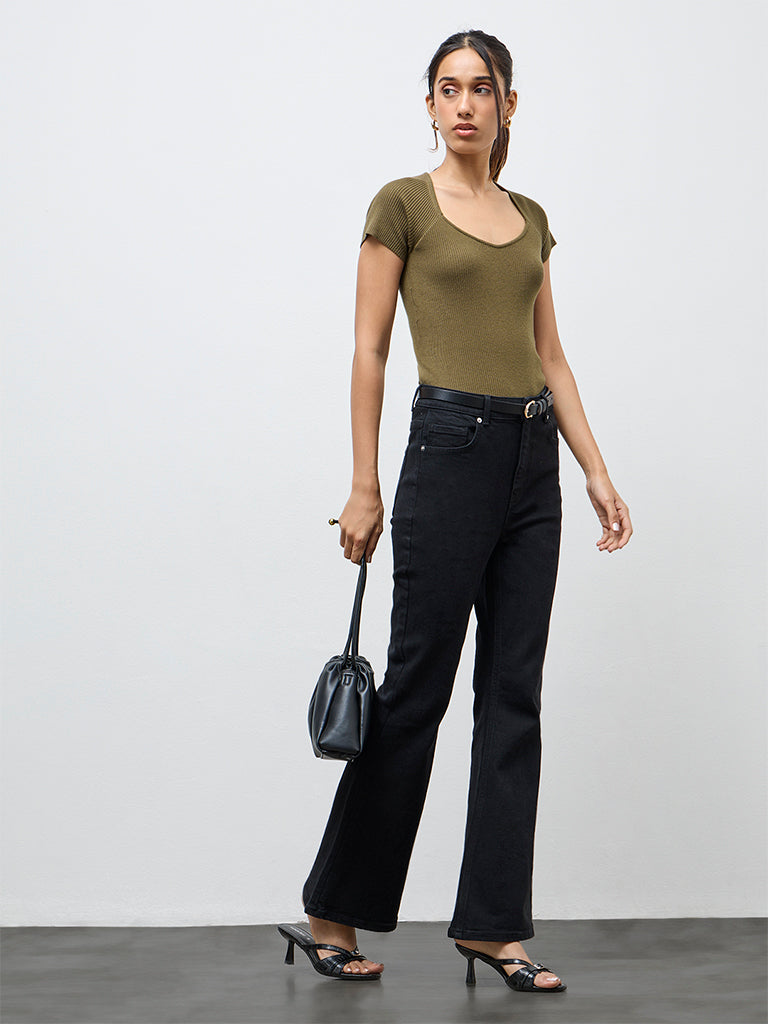 LOV Olive Ribbed-Textured Top
