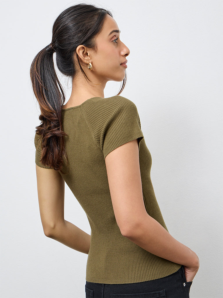 LOV Olive Ribbed-Textured Top