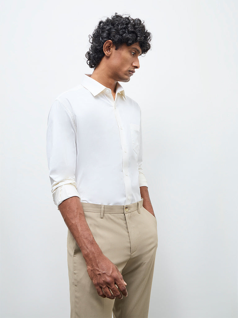 WES Formals Off-White Solid Relaxed-Fit Cotton Shirt