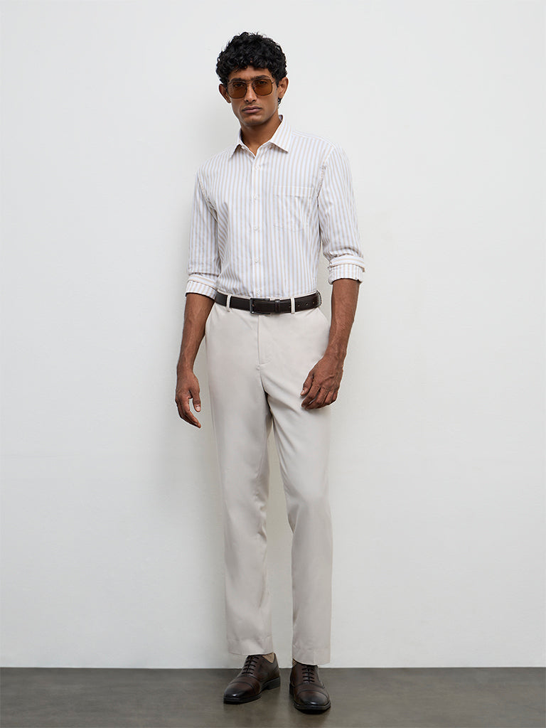 WES Formals Beige Striped Slim-Fit Cotton Shirt