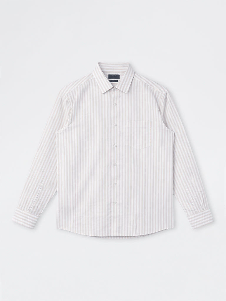 WES Formals Beige Striped Slim-Fit Cotton Shirt