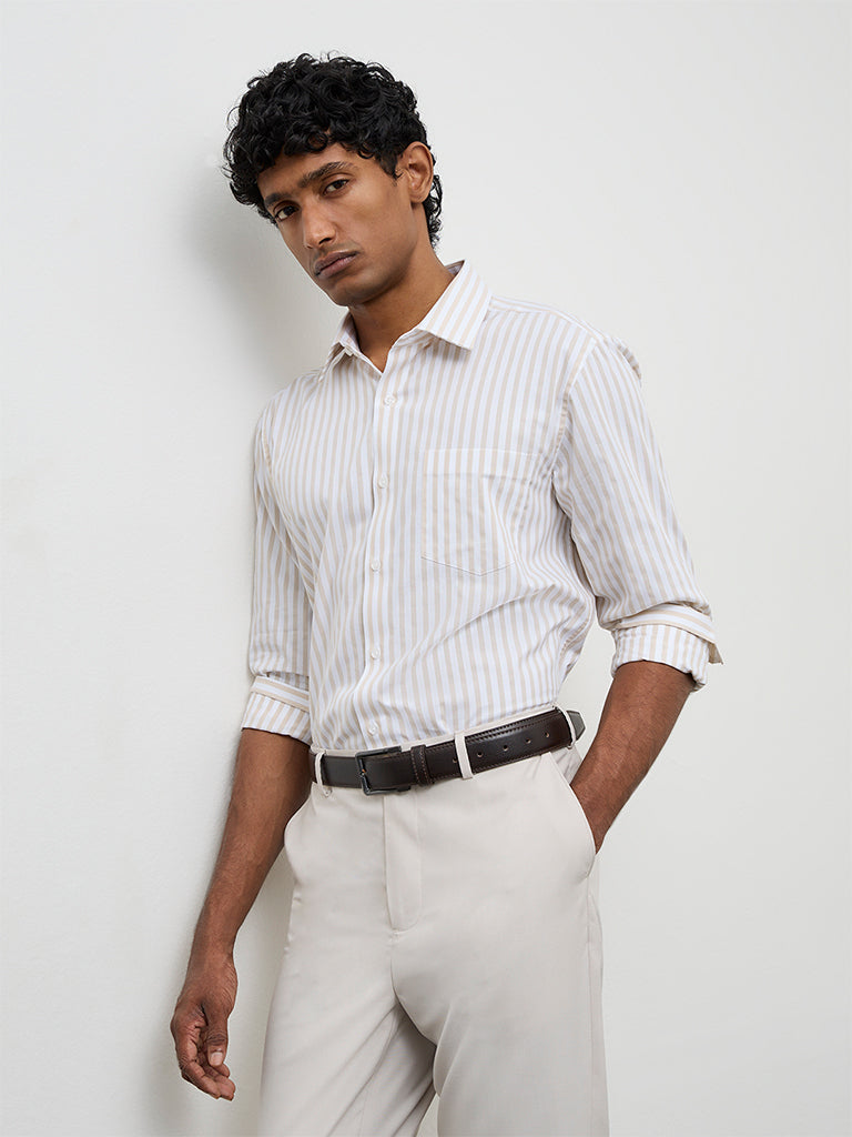 WES Formals Beige Striped Slim-Fit Cotton Shirt