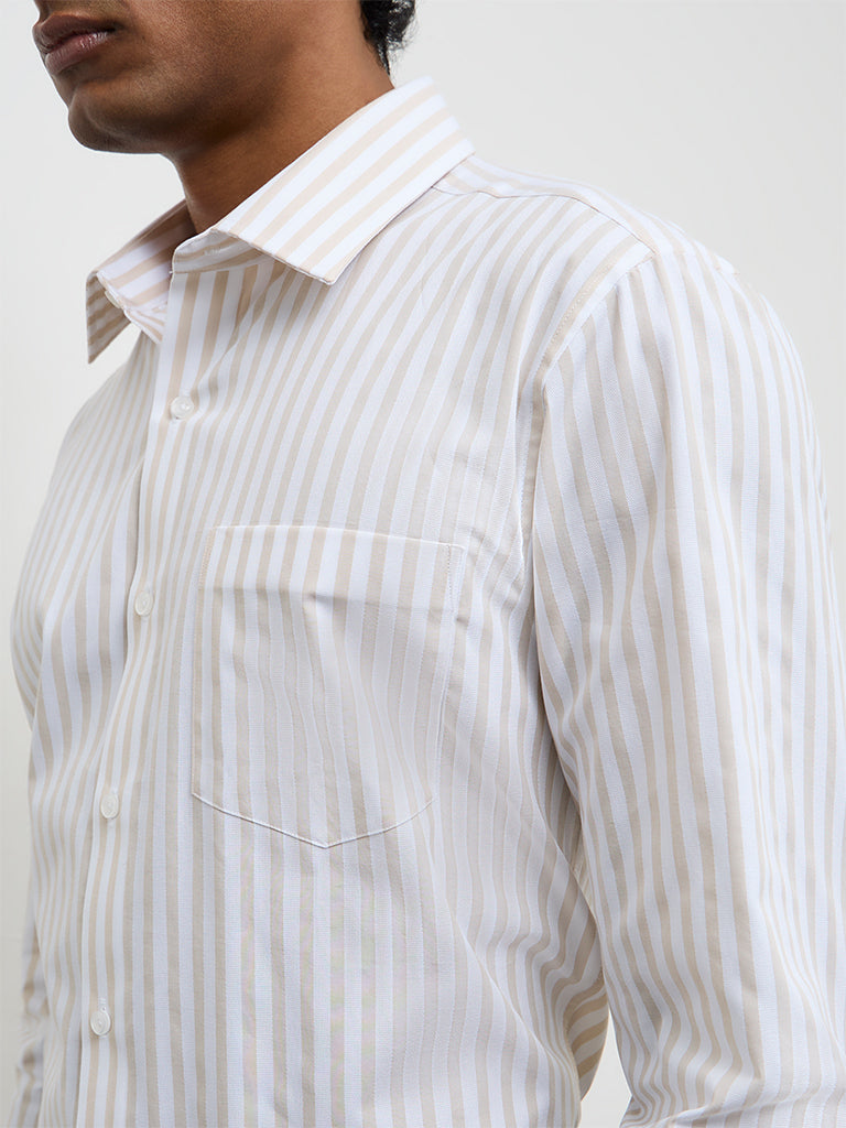WES Formals Beige Striped Slim-Fit Cotton Shirt